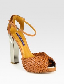 Intricately woven leather upper joined by a lustrous metallic heel and an adjustable ankle strap. Lacquered heel, 5 (125mm)Covered platform, 1 (25mm)Compares to a 4 heel (100mm)Leather upperLeather lining and solePadded insoleMade in ItalyOUR FIT MODEL RECOMMENDS ordering true size. Intricately woven leather upper joined by a lustrous metallic heel and an adjustable ankle strap. Lacquered heel, 5 (125mm)Covered platform, 1 (25mm)Compares to a 4 heel (100mm)Leather upperLeather lining and solePadded insoleMade in ItalyOUR FIT MODEL RECOMMENDS ordering true size.