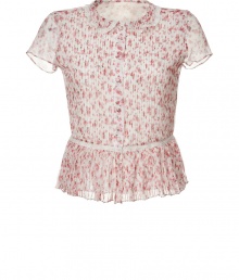 Stylish button down blouse in fine, pure ecru printed silk - Delicate, ultra-feminine raspberry print - Finely pleated front and sheer back - On-trend, peplumed waist with decorative lace trim - Small peter pan collar and short sleeves - Slim cut, hits at hips - Romantic, elegant and ultra-versatile - Pair with high waisted trousers, a pencil skirt or ankle-cropped trousers Stylish button down blouse in fine, pure ecru printed silk - Delicate, ultra-feminine raspberry print - Finely pleated front and sheer back - On-trend, peplumed waist with decorative lace trim - Small peter pan collar and short sleeves - Slim cut, hits at hips - Romantic, elegant and ultra-versatile - Pair with high waisted trousers, a pencil skirt or ankle-cropped trousers