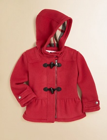 An ultra-toasty wool coat with toggle buttons, attached hood, check lining and pretty peplum hem for your little snow bunny.Attached hood with button closureShoulder patchesLong sleeves with snap cuffsFront zip with toggle buttonsPeplum hemFully linedWoolDry cleanImported An ultra-toasty wool coat with toggle buttons, attached hood, check lining and pretty peplum hem for your little snow bunny.Attached hood with button closureShoulder patchesLong sleeves with snap cuffsFront zip with toggle buttonsPeplum hemFully linedWoolDry cleanImported
