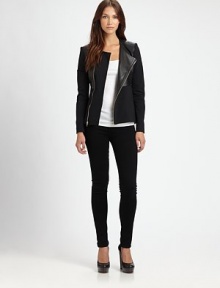 Gleaming leather paneling, asymmetrical zipper and a back peplum hem define this unpredictably chic jacket. RoundneckAsymmetrical zipperLong sleevesBack peplum hemFully linedAbout 23 from shoulder to hemBody: LeatherTrim: Rayon/nylon/polyurethaneDry clean with leather specialistImportedModel shown is 5'9½ (176cm) wearing US size 4. Gleaming leather paneling, asymmetrical zipper and a back peplum hem define this unpredictably chic jacket. RoundneckAsymmetrical zipperLong sleevesBack peplum hemFully linedAbout 23 from shoulder to hemBody: LeatherTrim: Rayon/nylon/polyurethaneDry clean with leather specialistImportedModel shown is 5'9½ (176cm) wearing US size 4.