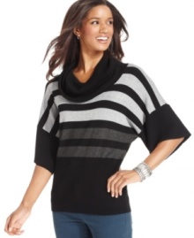 Be cozy and comfortable in this striped cowl-neck sweater from Cable & Gauge.