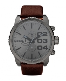 If bigger is better, this modern watch by Diesel is the best. Brown leather strap and oversized round gunmetal ion-plated stainless steel case, 58x52mm. Gunmetal chronograph dial features charcoal numerals, stick indices, minute track, three subdials, luminous hands and logo. Quartz movement. Water resistant to 50 meters. Two-year limited warranty. If bigger is better, this modern watch by Diesel is the best. Brown leather strap and oversized round gunmetal ion-plated stainless steel case, 58x52mm. Gunmetal chronograph dial features charcoal numerals, stick indices, minute track, three subdials, luminous hands and logo. Quartz movement. Water resistant to 50 meters. Two-year limited warranty.