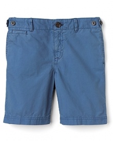 His playtime shorts could use an update. This adorable cuffed short plays on the workshort theme with clever pocket overlays, button tabs at the waist and check trim at the hem. His playtime shorts could use an update. This adorable cuffed short plays on the workshort theme with clever pocket overlays, button tabs at the waist and check trim at the hem.