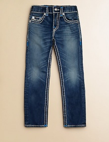 Thick, contrast stitching with neon bartacks, silvertone hardware and signature horseshoe pockets define this slim-fitting, slightly faded pair.Front button closureAdjustable waistband with belt loopsZip flyFive-pocket styleCottonMachine washImported of domestic fabric Thick, contrast stitching with neon bartacks, silvertone hardware and signature horseshoe pockets define this slim-fitting, slightly faded pair.Front button closureAdjustable waistband with belt loopsZip flyFive-pocket styleCottonMachine washImported of domestic fabric