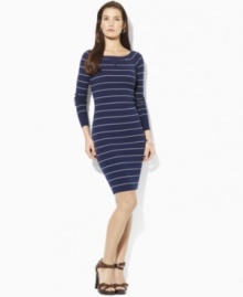 Lauren by Ralph Lauren's petite ribbed cotton dress is made into a casual wardrobe staple with a chic boatneck and raglan sleeves. Lauren by Ralph Lauren's petite ribbed cotton dress is made into a casual wardrobe staple with a chic boatneck and raglan sleeves.