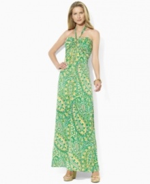 A vibrant sweeping pattern enlivens a breezy petite maxi dress, rendered in sleek jersey with a halter neckline, from Lauren by Ralph Lauren. A vibrant sweeping pattern enlivens a breezy petite maxi dress, rendered in sleek jersey with a halter neckline, from Lauren by Ralph Lauren.