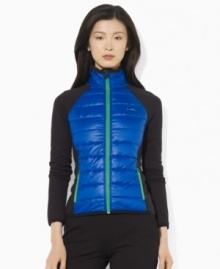 A layering essential for active endeavors, Lauren by Ralph Lauren's stretch jersey jacket is crafted with bright quilted panels at the front for sporting style.