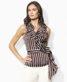 Elegantly pairing a soft cascade of ruffles with slimming stripes, the sleeveless Lauren by Ralph Lauren blouse is tailored in a feminine wrap silhouette from floaty satin-faced georgette.