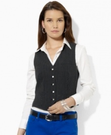 Crafted in luxurious pinstriped wool, Lauren by Ralph Lauren's chic vest is finished with stirrup-accented buttons and an equestrian-inspired print at the back for heritage-infused style. Crafted in luxurious pinstriped wool, Lauren by Ralph Lauren's chic vest is finished with stirrup-accented buttons and an equestrian-inspired print at the back for heritage-infused style.