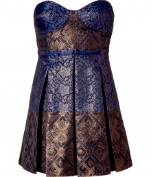 Stylish strapless dress in fine synthetic fiber blend - Elegant jacquard weave has a lovely sheen - On-trend blue and black colorblocking - Slim, sculpted bodice - Pleated A-line miniskirt hits mid-thigh - Zips at back - A chic must for parties, holidays and special events - Style with a cropped leather jacket, opaque tights and pumps or ankle booties