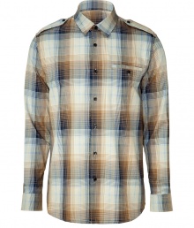 Inject downtown cool into your casual look with this sophisticated button down - Front button placket, epaulets, single chest pocket, all-over check pattern - Style with neutral corduroys, a cable knit cardigan, and desert boots Inject downtown cool into your casual look with this sophisticated button down - Front button placket, epaulets, single chest pocket, all-over check pattern - Style with neutral corduroys, a cable knit cardigan, and desert boots