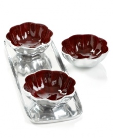 More than conversation blossoms around your table with handcrafted Red Lotus nut bowls from Simply Designz. Polished aluminum lined in glossy enamel lends fresh color and shine to any dining area. With tray. More than conversation blossoms around your table with handcrafted Red Lotus nut bowls from Simply Designz. Polished aluminum lined in glossy enamel lends fresh color and shine to any dining area. With tray.