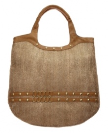 A casual straw tote with perfectly polished detail. This striking design from Olivia + Joy features eye-catching stud detailing, shiny goldtone hardware and a roomy interior for all your necessities. A casual straw tote with perfectly polished detail. This striking design from Olivia + Joy features eye-catching stud detailing, shiny goldtone hardware and a roomy interior for all your necessities.