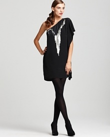 Silver sequins embellish this Madison Marcus party dress for a sparkling after-dark look with magnetic flair. The one-shoulder silhouette is complete with opaque tights and towering booties for a standout look of dramatic proportions. Silver sequins embellish this Madison Marcus party dress for a sparkling after-dark look with magnetic flair. The one-shoulder silhouette is complete with opaque tights and towering booties for a standout look of dramatic proportions.