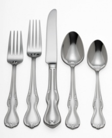 Lend your tabletop traditional elegance with the Baron's Court 5-piece place settings. The gently undulating curves and raised scroll detail are a perfect coordinate for any china patterns or table linens. Lend your tabletop traditional elegance with the Baron's Court 5-piece place settings. The gently undulating curves and raised scroll detail are a perfect coordinate for any china patterns or table linens.
