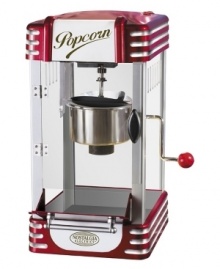 This retro style kettle popcorn unit makes hot, fresh and delicious popcorn just like in the movie theaters. It features a large, stainless steel kettle with a built in stirring system and pops up to 8 cups of popcorn per batch. Includes a measuring spoon for oil and a measuring cup for popcorn kernels, so every batch pops perfectly. With the Retro Kettle Popcorn Maker, popcorn has never tasted so good at home. 3-month warranty. Model RKP630. This retro style kettle popcorn unit makes hot, fresh and delicious popcorn just like in the movie theaters. It features a large, stainless steel kettle with a built in stirring system and pops up to 8 cups of popcorn per batch. Includes a measuring spoon for oil and a measuring cup for popcorn kernels, so every batch pops perfectly. With the Retro Kettle Popcorn Maker, popcorn has never tasted so good at home. 3-month warranty. Model RKP630.