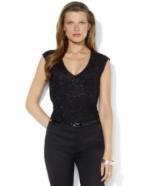 Lauren Ralph Lauren's soft petite modal jersey top is finished with an elegant beaded overlay for feminine style Lauren Ralph Lauren's soft petite modal jersey top is finished with an elegant beaded overlay for feminine style