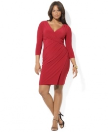 Lauren Ralph Lauren's sleek plus size matte jersey dress is crafted with chic draping at the bodice to create a figure-flattering silhouette