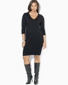 A classic sweater dress is knit in ultra-soft merino wool for season-spanning style.