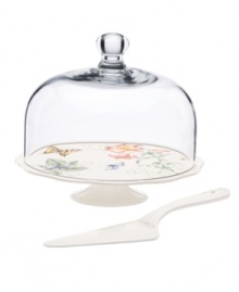 The whimsical butterflies and blooms of Butterfly Meadow dinnerware grace this charming cake stand, an irresistible way to serve your sweetest confections. With accompanying server and glass dome to keep dessert fresh. From Lenox's serveware collection. Qualifies for Rebate The whimsical butterflies and blooms of Butterfly Meadow dinnerware grace this charming cake stand, an irresistible way to serve your sweetest confections. With accompanying server and glass dome to keep dessert fresh. From Lenox's serveware collection. Qualifies for Rebate