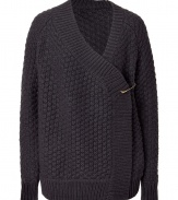 Comfort and chic arent mutually exclusive with this chunky wool-blend cardigan from Twenty8twelve - V-neck, wrap front with safety pin side closure, long sleeves, textured knit with ribbed trim, oversized silhouette, asymmetric high-low hem - Pair with an oversized blouse, skinny jeans, and high heel booties