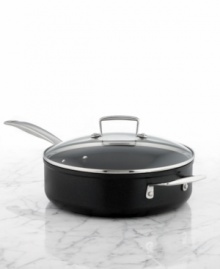 Compact & convenient for smaller portions, this covered sauté is crafted from heavy-gauge forged aluminum that stands up to everyday use and dishes out incredible even, heat for impeccable results. This truly versatile kitchen addition boasts a durable nonstick finish, a dishwasher-safe promise and a go-anywhere attitude that moves from stovetop to under the broiler with no questions asked. 10-year warranty. Compact & convenient for smaller portions, this covered sauté is crafted from heavy-gauge forged aluminum that stands up to everyday use and dishes out incredible even, heat for impeccable results. This truly versatile kitchen addition boasts a durable nonstick finish, a dishwasher-safe promise and a go-anywhere attitude that moves from stovetop to under the broiler with no questions asked. 10-year warranty.