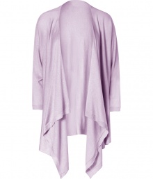 Dramatic with its long draped front, DKNYs soft lavender silk-cashmere cardigan lends a chic edge to any outfit - Draped open front, long sleeves, fine ribbed trim - Softly draped silhouette - Wear with everything from tees and jeans to sheath dresses and heels