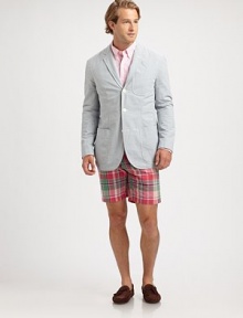 Light-as-air seersucker cotton lends preppy sensibility to a handsome sportcoat, cut in a trim, modern silhouette for impeccable style.ButtonfrontChest welt, waist flap pocketsRear ventAbout 30¼ from shoulder to hemCottonDry cleanImported