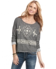 Living Doll rejuvenates the terry pullover with an au-courant print – Aztec! Pair the sweatshirt with your fave jeans for a casual look that has tribal appeal! Living Doll rejuvenates the terry pullover with an au-courant print – Aztec! Pair the sweatshirt with your fave jeans for a casual look that has tribal appeal!