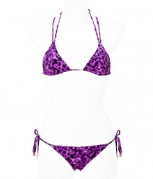 Stylish bikini in fine, synthetic fiber blend - Especially comfortable and flattering, thanks to a generous amount of stretch - Vibrant purple and pink leopard print - Triangular halter top with double straps and adjustable cups ties at back and nape of neck - Decorative criss cross design and gold snake ring - String brief ties at hips, offers modest coverage at rear - Sexy and fun, a must for you next vacation or beach getaway - Wear solo or layer beneath a caftan and pair with wedge sandals Stylish bikini in fine, synthetic fiber blend - Especially comfortable and flattering, thanks to a generous amount of stretch - Vibrant purple and pink leopard print - Triangular halter top with double straps and adjustable cups ties at back and nape of neck - Decorative criss cross design and gold snake ring - String brief ties at hips, offers modest coverage at rear - Sexy and fun, a must for you next vacation or beach getaway - Wear solo or layer beneath a caftan and pair with wedge sandals