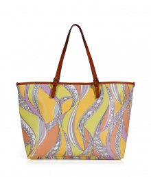 Stash away your warm weather essentials in Emilio Puccis characteristic printed PVC tote, detailed with smooth leather handles for a polished look - Belted leather double top handles, bright pink interior - Wear with a sundress and sandals in the city, or carry to the beach with a bright string bikini Stash away your warm weather essentials in Emilio Puccis characteristic printed PVC tote, detailed with smooth leather handles for a polished look - Belted leather double top handles, bright pink interior - Wear with a sundress and sandals in the city, or carry to the beach with a bright string bikini