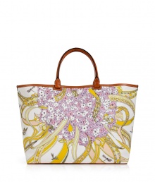 Stash away your spring essentials in Emilio Puccis floral printed cotton tote, detailed with smooth leather handles for a polished look - Leather double top handles, bright yellow interior - Wear with a sundress and sandals in the city Stash away your spring essentials in Emilio Puccis floral printed cotton tote, detailed with smooth leather handles for a polished look - Leather double top handles, bright yellow interior - Wear with a sundress and sandals in the city