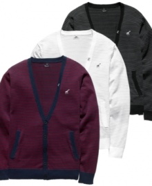 Horizontal striping livens up the traditional cardigan and adds a modern style touch to a must-have classic. Horizontal striping livens up the traditional cardigan and adds a modern style touch to a must-have classic.