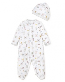 Bouncing with adorable 50s-style bear print, this cozy footie and matching cap will keep him warm and stylish from playtime to bedtime. Bouncing with adorable 50s-style bear print, this cozy footie and matching cap will keep him warm and stylish from playtime to bedtime.