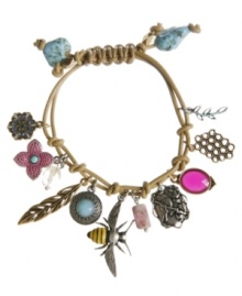 Live the charmed life. This free-spirited style by Lucky Brand combines elements of nature like a bee and honeycomb, delicate flower charms, feathers and plastic stones on a natural-colored leather cord. Set in mixed metal. Bracelet adjusts to fit wrist. Approximate diameter: 3 inches.