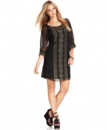 Metallic embellishments add shine to this Lucky Brand Jeans chiffon shift -- featuring a hot fabric for fall, chiffon! Metallic embellishments add shine to this Lucky Brand Jeans chiffon shift -- featuring a hot fabric for fall, chiffon!