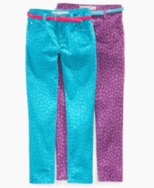 She'll instantly fall in love with the bright colors and lovely heart print of these Epic Threads skinny jeans. She'll instantly fall in love with the bright colors and lovely heart print of these Epic Threads skinny jeans.
