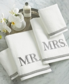 A great gift idea for the newlyweds on your list. This elegant four-piece set includes: Mr. and Mrs. embroidered towels and two hand towels with a decorative border. A great gift idea for the newlyweds on your list. This elegant four-piece set includes: Mr. and Mrs. embroidered towels and two hand towels with a decorative border.