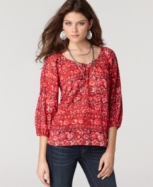 A batik-inspired print livens up this Lucky Brand Jeans top, rendered in lightweight cotton. Pair it with dark jeans for a balanced outfit that's always chic. A batik-inspired print livens up this Lucky Brand Jeans top, rendered in lightweight cotton. Pair it with dark jeans for a balanced outfit that's always chic.