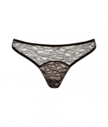 Luxe thong in fine nylon silk and stretch blend - A sultry, stylish must from luxury label Kiki de Montparnasse - Elegant black and champagne lace detail, sleek black piping - Flattering cut, modest coverage, sits comfortably on the hips - Works under just about anything and looks fabulous all by itself! Luxe thong in fine nylon silk and stretch blend - A sultry, stylish must from luxury label Kiki de Montparnasse - Elegant black and champagne lace detail, sleek black piping - Flattering cut, modest coverage, sits comfortably on the hips - Works under just about anything and looks fabulous all by itself!