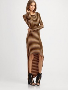 Sailor stripes add graphic appeal to this long, lean, curve-hugging knit.BoatneckLong sleevesAsymmetrical hem longer in backAbout 30½ from shoulder to hem94% viscose/6% spandexDry cleanMade in USA of Italian fabric Sailor stripes add graphic appeal to this long, lean, curve-hugging knit.BoatneckLong sleevesAsymmetrical hem longer in backAbout 30½ from shoulder to hem94% viscose/6% spandexDry cleanMade in USA of Italian fabric