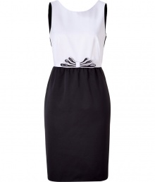 An elegant sheath dress made ​.​.of polyester - Fashionable, contrasting black and white look channels an inner Audrey Hepburn - Clean lines - Decorative triple loop bow front - Feminine fit with small gathers at the waist - Pair with red sandals and a clutch