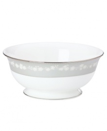 To entertain with grace and style look no further than this Bellina serving bowl from Lenox's dinnerware and dishes collection. Elegant bone china with a delicate floral design and textured white beads is finished with platinum trim. Serving bowl shown back. Qualifies for Rebate To entertain with grace and style look no further than this Bellina serving bowl from Lenox's dinnerware and dishes collection. Elegant bone china with a delicate floral design and textured white beads is finished with platinum trim. Serving bowl shown back. Qualifies for Rebate