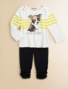 A furry friend adorns the front of a striped tunic that's paired with ruched leggings for a cute and cozy cotton ensemble. Tunic Envelope necklineLong sleevesPullover style Leggings Elastic waistbandRuched hemCottonMachine washImported A furry friend adorns the front of a striped tunic that's paired with ruched leggings for a cute and cozy cotton ensemble. Tunic Envelope necklineLong sleevesPullover style Leggings Elastic waistbandRuched hemCottonMachine washImported