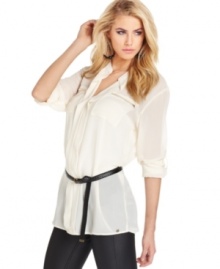 GUESS? mixes a graceful sheer blouse silhouette with luxe touches like gold zippered pockets and a removable braided belt. A look you can wear to work and keep on long after five o'clock! GUESS? mixes a graceful sheer blouse silhouette with luxe touches like gold zippered pockets and a removable braided belt. A look you can wear to work and keep on long after five o'clock!