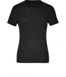 Stylish t-shirt in fine, pure black linen - Supremely soft, summer weight material has a well-worn, vintage look - Round neck, short sleeves and decorative seams - Slimmer cut tapers gently through waist - Casually cool, easily dressed up or down - Wear solo or layer beneath a blazer and pair with jeans, chinos, shorts or linen trousers