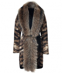 Luxurious, dramatic coat in a combination of fur and soft animal print wool-blend knit - Features a thick fur shawl collar with trim extending to the hemline - Thin belted closure for a flattering feminine effect - Wear with cocktail dress and heels, or with edgy leggings and ankle boots for a glamorous look in the winter months