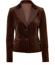 Luxurious blazer in fine, brown cotton velvet - Wonderfully soft and flattering - This blazer looks ladylike and posh, makes an elegantly restrained impression - It is beautifully fitted and cut close to the body with wide lapels, flap pockets, two button front and narrow sleeves - It is excellent for the office or elegant day occasions - Combine with a pencil skirt, wide pants or jeans - A basic top that is classic and timeless, an investment for eternity Luxurious blazer in fine, brown cotton velvet - Wonderfully soft and flattering - This blazer looks ladylike and posh, makes an elegantly restrained impression - It is beautifully fitted and cut close to the body with wide lapels, flap pockets, two button front and narrow sleeves - It is excellent for the office or elegant day occasions - Combine with a pencil skirt, wide pants or jeans - A basic top that is classic and timeless, an investment for eternity