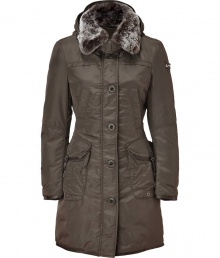 Military-inspired details inform this fitted fur-trimmed down coat from Peuterey- Hooded, large fur collar, concealed front zip closure with front button placket, long sleeves, slit pockets at chest, flap pockets at waist, slim fit, thigh length - Wear with a cashmere pullover, skinny jeans, and shearling-lined boots Military-inspired details inform this fitted fur-trimmed down coat from Peuterey- Hooded, large fur collar, concealed front zip closure with front button placket, long sleeves, slit pockets at chest, flap pockets at waist, slim fit, thigh length - Wear with a cashmere pullover, skinny jeans, and shearling-lined boots