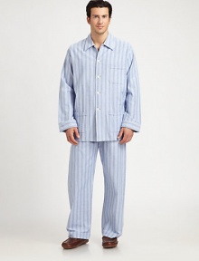 Two-piece set woven in handsomely brushed cotton flannel, is soft to the touch with a smart, striped finish. Cotton. Machine wash. Imported.SHIRTButton frontChest, hip patch pocketsPANTSide elastic waistInseam, about 31 Two-piece set woven in handsomely brushed cotton flannel, is soft to the touch with a smart, striped finish. Cotton. Machine wash. Imported.SHIRTButton frontChest, hip patch pocketsPANTSide elastic waistInseam, about 31